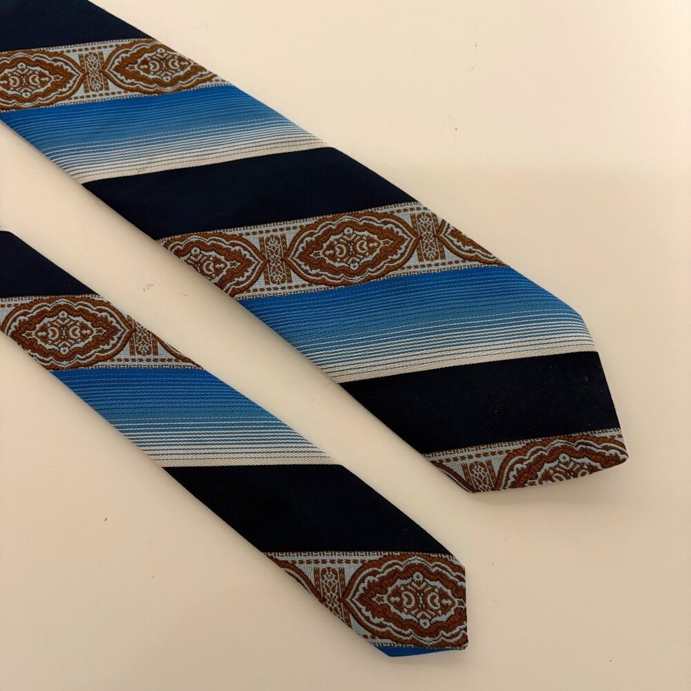Vintage Polyester Tie Blue Rust Abstract Striped Mens Necktie Classic Office